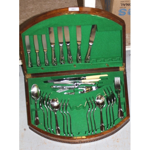 681 - Oak cased silver plated canteen of part cutlery, together  with a modern stainless steel canteen of ... 