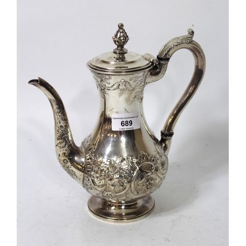 689 - Late Georgian silver baluster form coffee pot with floral embossed decoration 24oz t