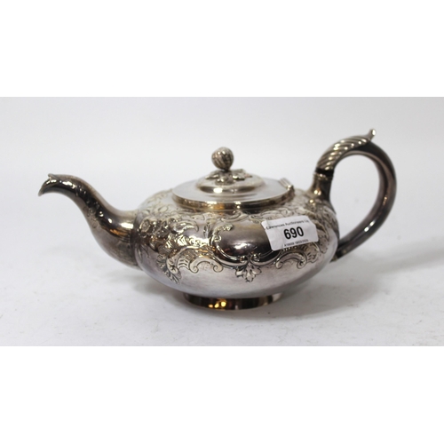 690 - Late Georgian silver teapot of circular squat baluster form with embossed floral decoration, makers ... 