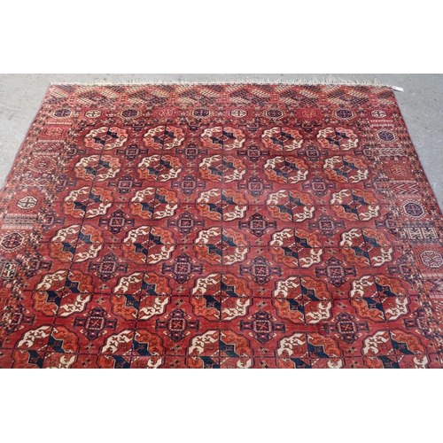 7 - Tekke carpet with five rows of eleven gols on a red ground with borders, 285 x 200cm