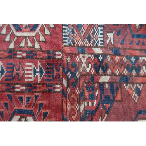 7 - Tekke carpet with five rows of eleven gols on a red ground with borders, 285 x 200cm