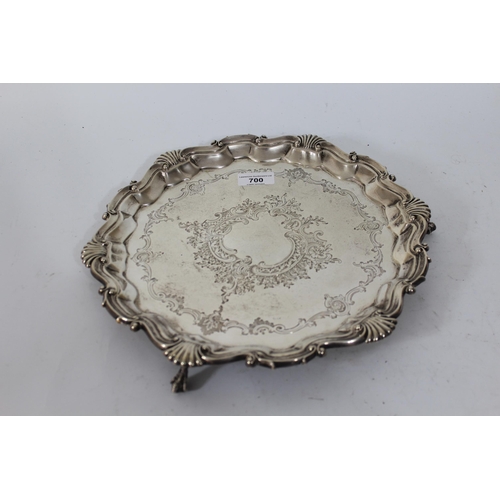 700 - London silver salver, the shaped rim with floral engraved decoration, makers mark T.B, 26oz t