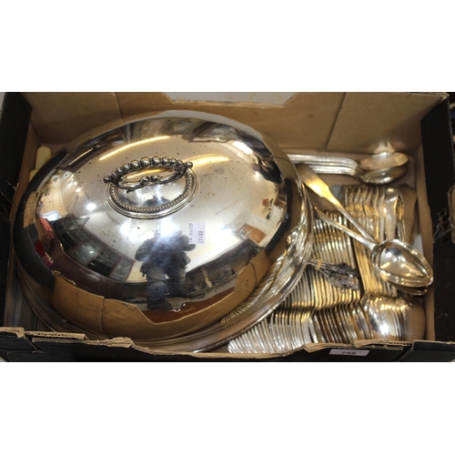 708 - Silver plated oval meat cover and a quantity of silver plated flatware, steel bladed knives and an o... 