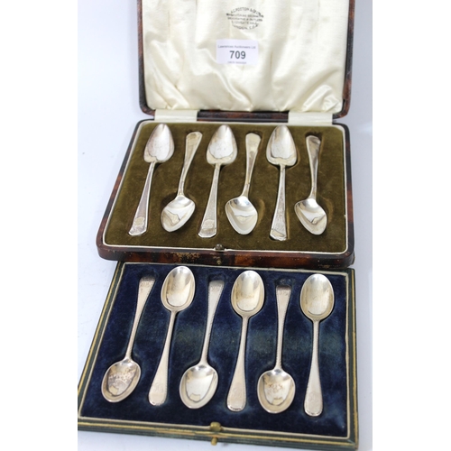 709 - Cased set of six Sheffield silver grapefruit spoons and a cased set of London silver coffee spoons