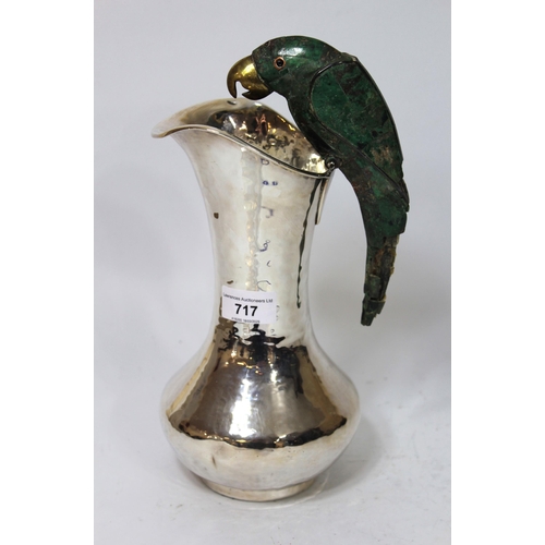 717 - Los Castillo Taxco, silver plated jug, the handle in the form of a parrot mounted with green stone (... 