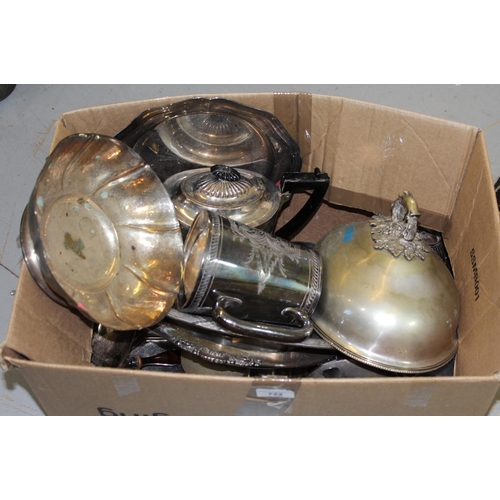 722 - Box containing a quantity of various silver plated items, including oval platters, three piece tea s... 