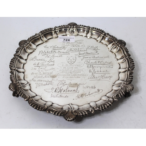 724 - Birmingham silver circular shaped edge salver with presentation engraving including signatures, 27cm... 