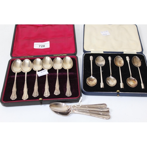 728 - Two cased sets of six silver coffee spoons together with an uncased set of six silver coffee spoons,... 