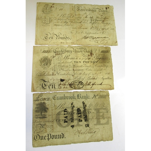 733 - Canterbury Union ten pound bank note dated 1826, Faversham ten pound bank note dated 1813, and a Cra... 