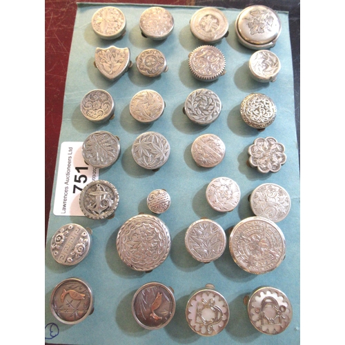 751 - Twenty eight late 19th / early 20th Century silver faced bachelors buttons