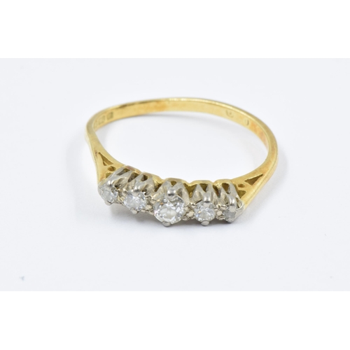 755 - 18ct Yellow gold five stone diamond ring, 2.6g (shank at fault)