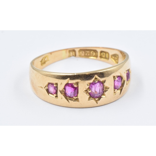 764 - Victorian 15ct yellow gold five stone ruby ring, size 'J', 2.4g