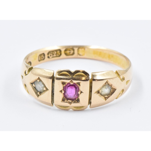 765 - Victorian 15ct gold three stone ruby and diamond ring, size 'N', 2.4g