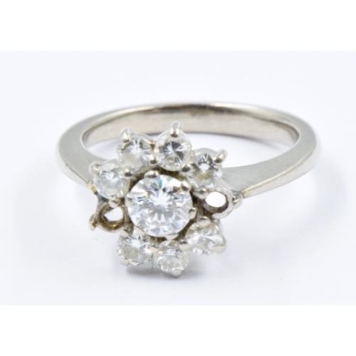 768 - White metal diamond cluster ring (lacking two stones), size 'I', 4.2g