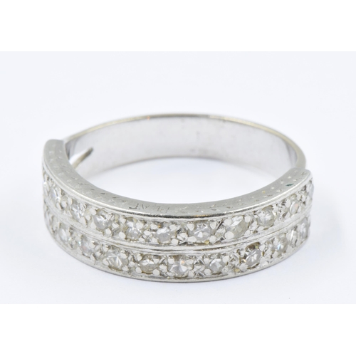 775 - Platinum ring, set with two bands of diamonds, size 'O', 6.2g