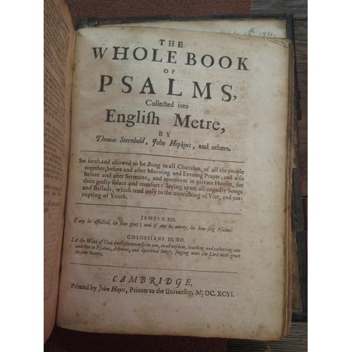 405 - Early book of prayer with brass mounted leather binding, stamped 1700