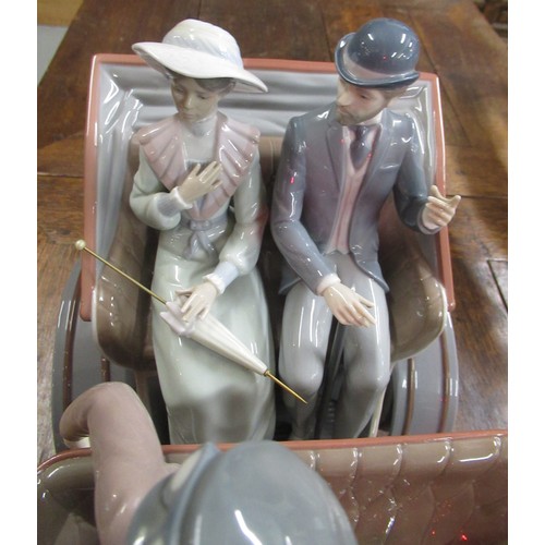 452 - Large Lladro model of a veteran car with driver, passengers and dog on original wooden base, 65cm wi... 