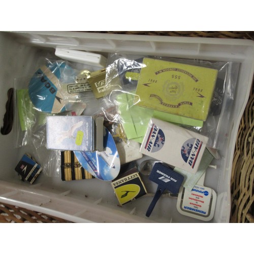 240 - Basket containing two trays of aviation related stickers, cards, badges and ephemera, together with ... 