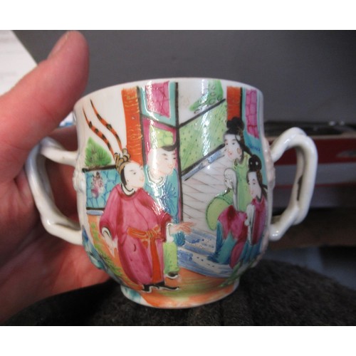 523 - 19th Century Canton two handled cup with cover painted with figures