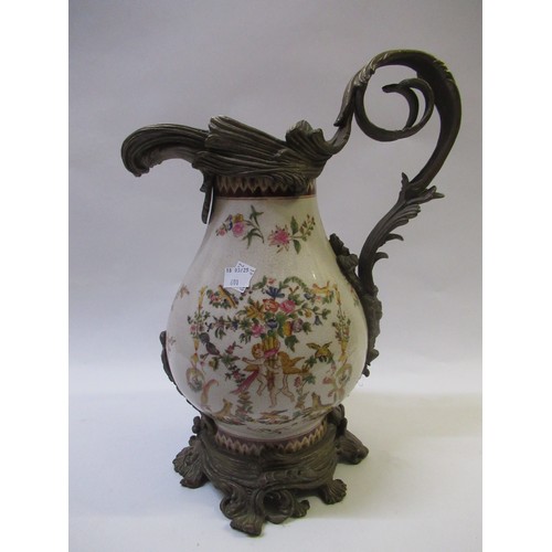 601 - Large floral decorated baluster form vase, 80cm high, together with a reproduction brass mounted pot... 