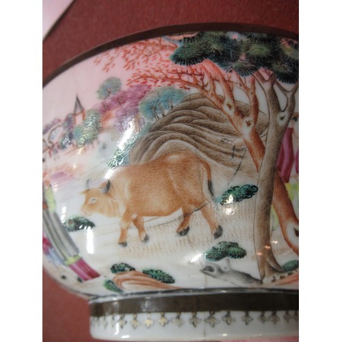 419 - 18th Century Chinese bowl decorated with panels of figures and animals in landscapes (damages)