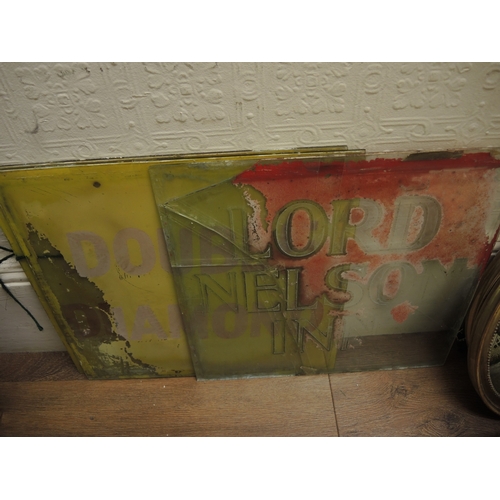 333 - Three glass signs, ' Lord Nelson Inn ' and two Double Diamond (at fault), 38cm square each