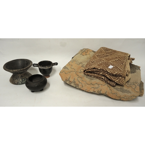 355 - Three various African native pots together with a length of fabric and carpet