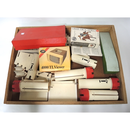 98 - Minic toy garage, painted wooden toy fort, a roulette game, Airfix construction kit and a boxed view... 