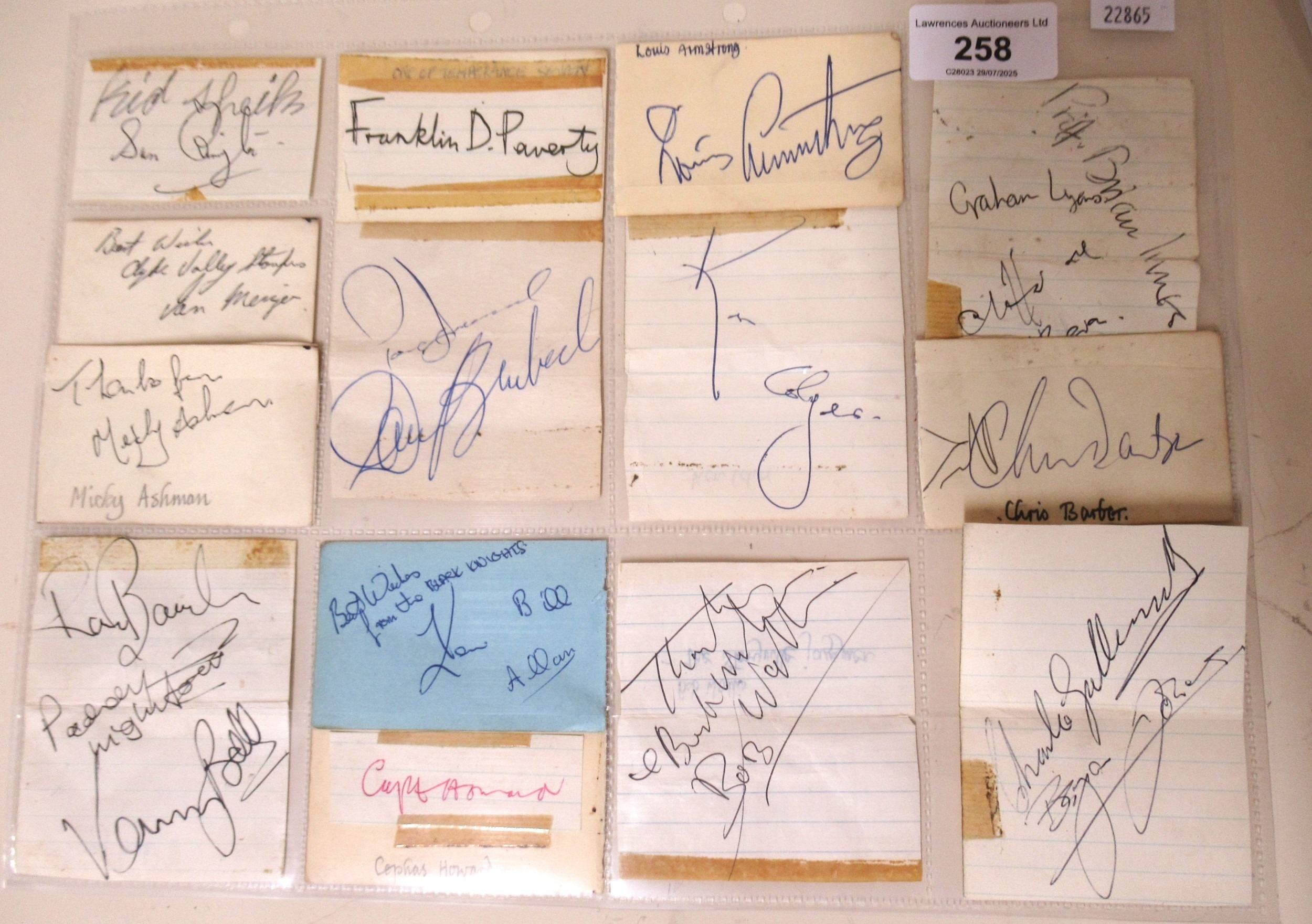Collection of fourteen jazz musician autographs including Louis ...