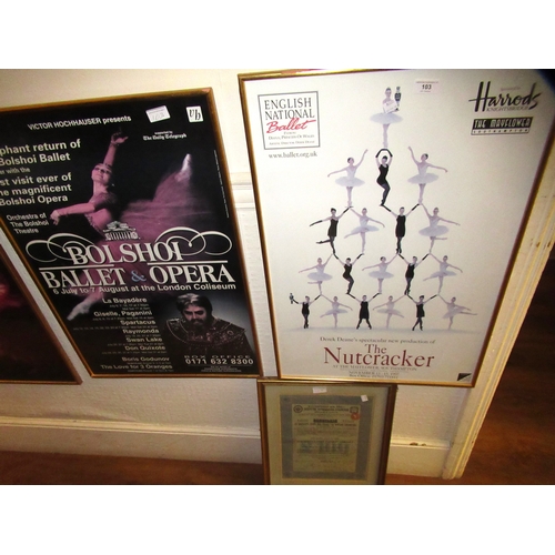 103 - Three various framed ballet poster prints, another poster print and a framed Russian share certifica... 