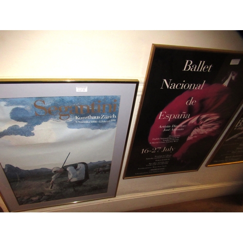 103 - Three various framed ballet poster prints, another poster print and a framed Russian share certifica... 