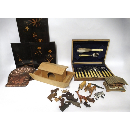 104 - 20th Century wooden Noah's Ark with animals, cased set of plated fish knives and forks, three inlaid... 