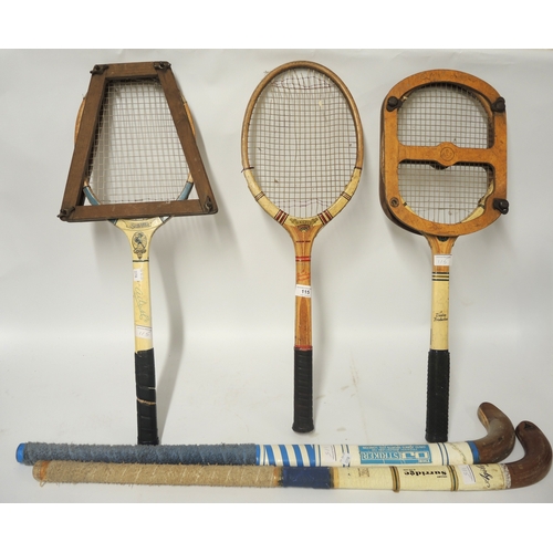 115 - Two mid 20th Century Dunlop tennis rackets, together with Spartan tennis racket, two hockey sticks a... 