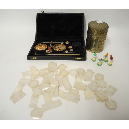 120 - Small bag containing a quantity of various Chinese mother of pearl gaming counters and a circular br... 