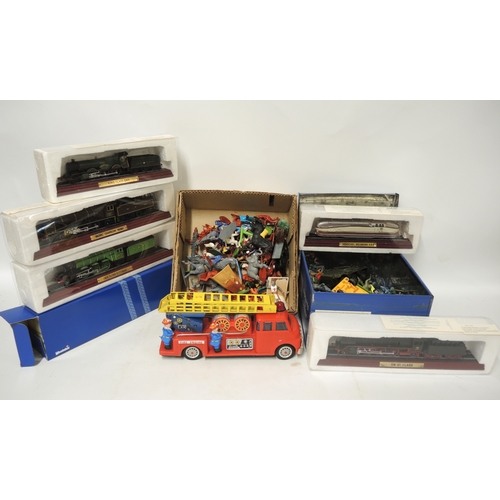 124 - Group of five 00 gauge display model engines, tin plate fire engine, diecast metal lorry and a quant... 