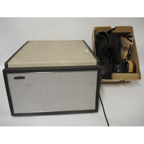 138 - Hancker 1970s gramophone and a pair of early ice skates, together with a three piece metal backed dr... 