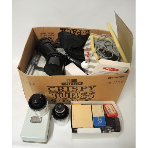 141 - Quantity of various photographic equipment, including lenses by Taylor, Hobson and Nikon, various tr... 