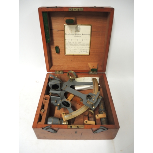142 - Early 20th Century grey painted metal and brass sextant by H. Hughes, housed in a mahogany case