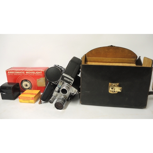 146 - Mahogany and tin plate magic lantern together with various cine cameras, a Pathescope projector and ... 