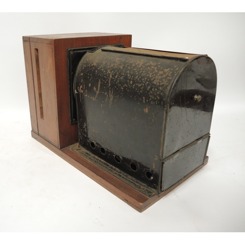 146 - Mahogany and tin plate magic lantern together with various cine cameras, a Pathescope projector and ... 