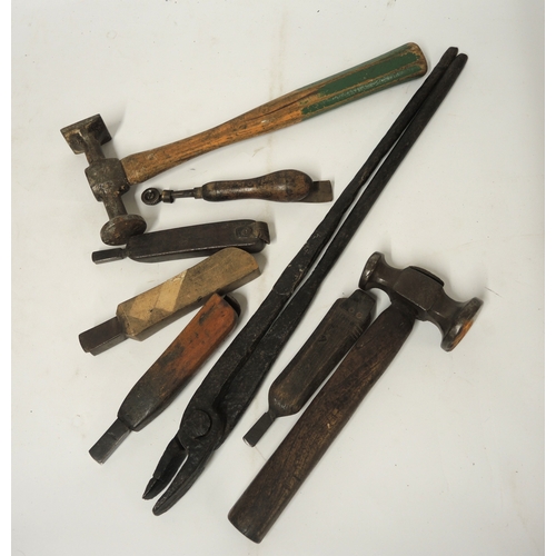 149 - Small collection of various cobbler's hammers and hand tools, together with a pair of ironmonger's t... 