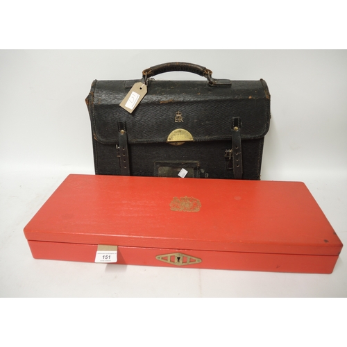 151 - Red leather covered dispatch case and an ERII black leather tax bag with brass Chubb lock