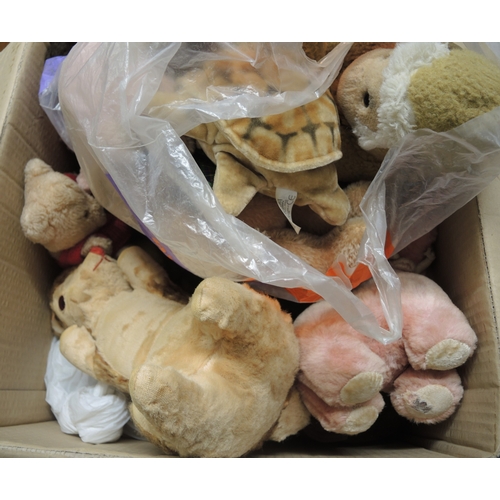 154 - Two boxes containing a large quantity of various soft toys, including a quantity of Merrythought, Ir... 