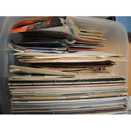 155 - Three boxes containing various LPs and singles including Beatles, ELO, Elvis etc.