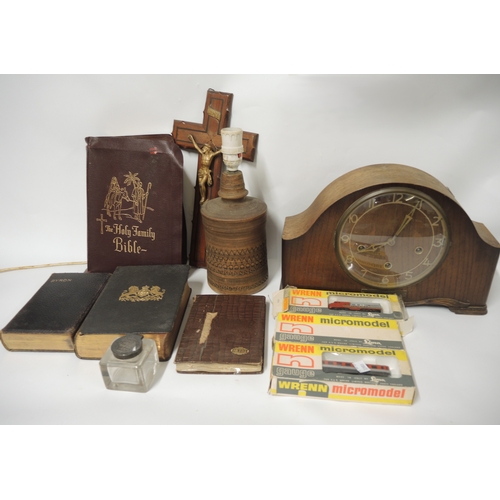 164 - Box containing a quantity of miscellaneous items including an oak mantel clock, lamp base, silver to... 