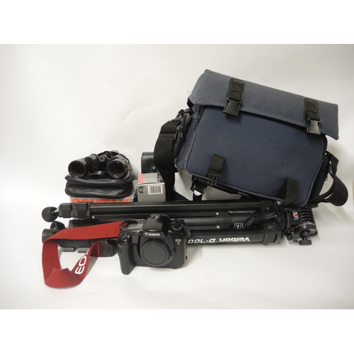 169 - Canon EOS 5 film camera with various accessories, including Pentax lenses, tripod and original boxes... 