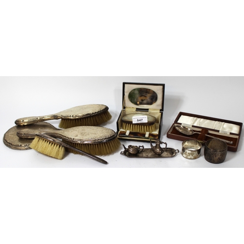 547 - Quantity of silver backed dressing table items, silver napkin ring, silver part miniature teaset, ca... 