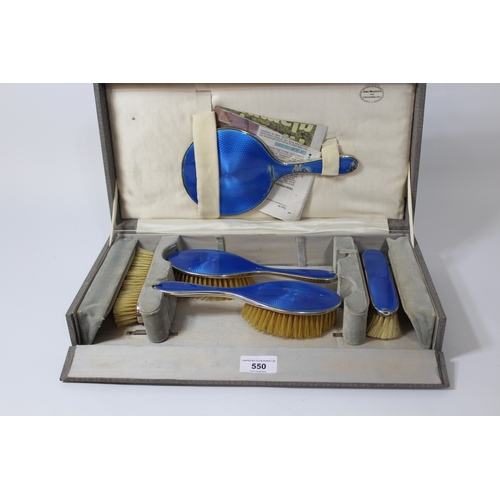 550 - Birmingham silver and blue translucent enamel five piece dressing table set in box (at fault), retai... 