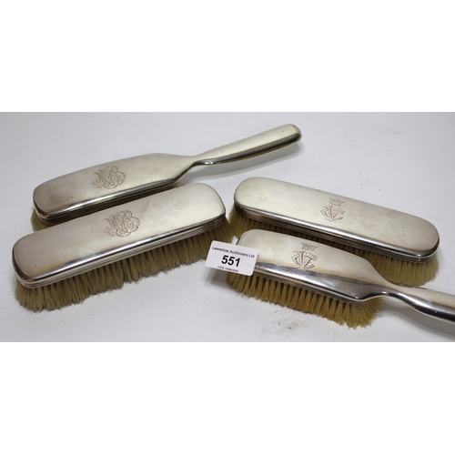551 - Two pairs of similar Swedish silver dressing table hair and clothes brushes, maker C.G. Hallberg wit... 