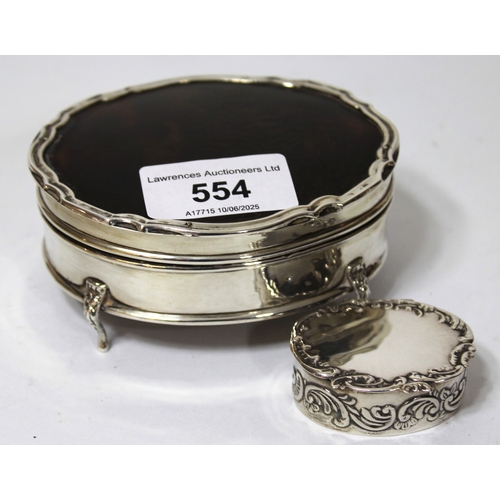 554 - Birmingham silver oval jewellery box with tortoiseshell mounted hinged cover on low supports, togeth... 